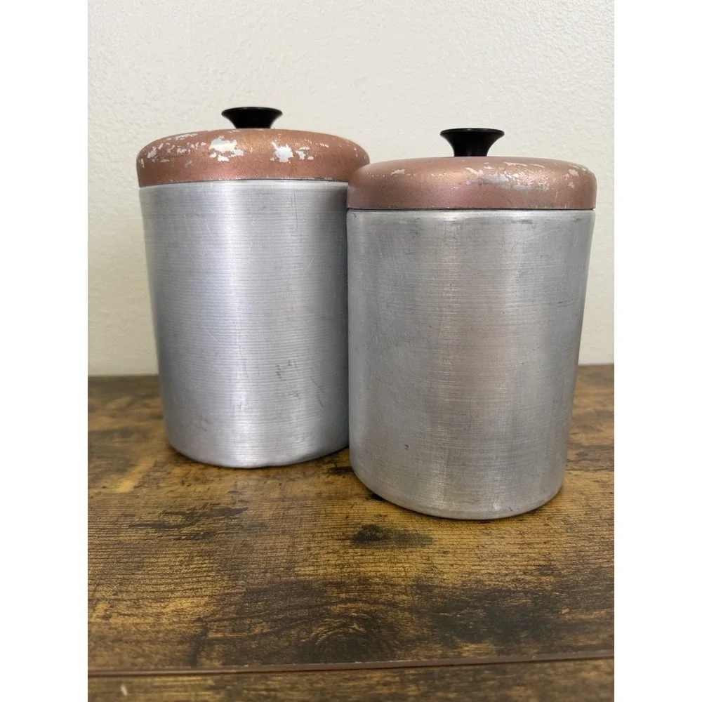 Vintage 1950s Mid Century Aluminum Brushed Coffee & Flour Canister Set Italy